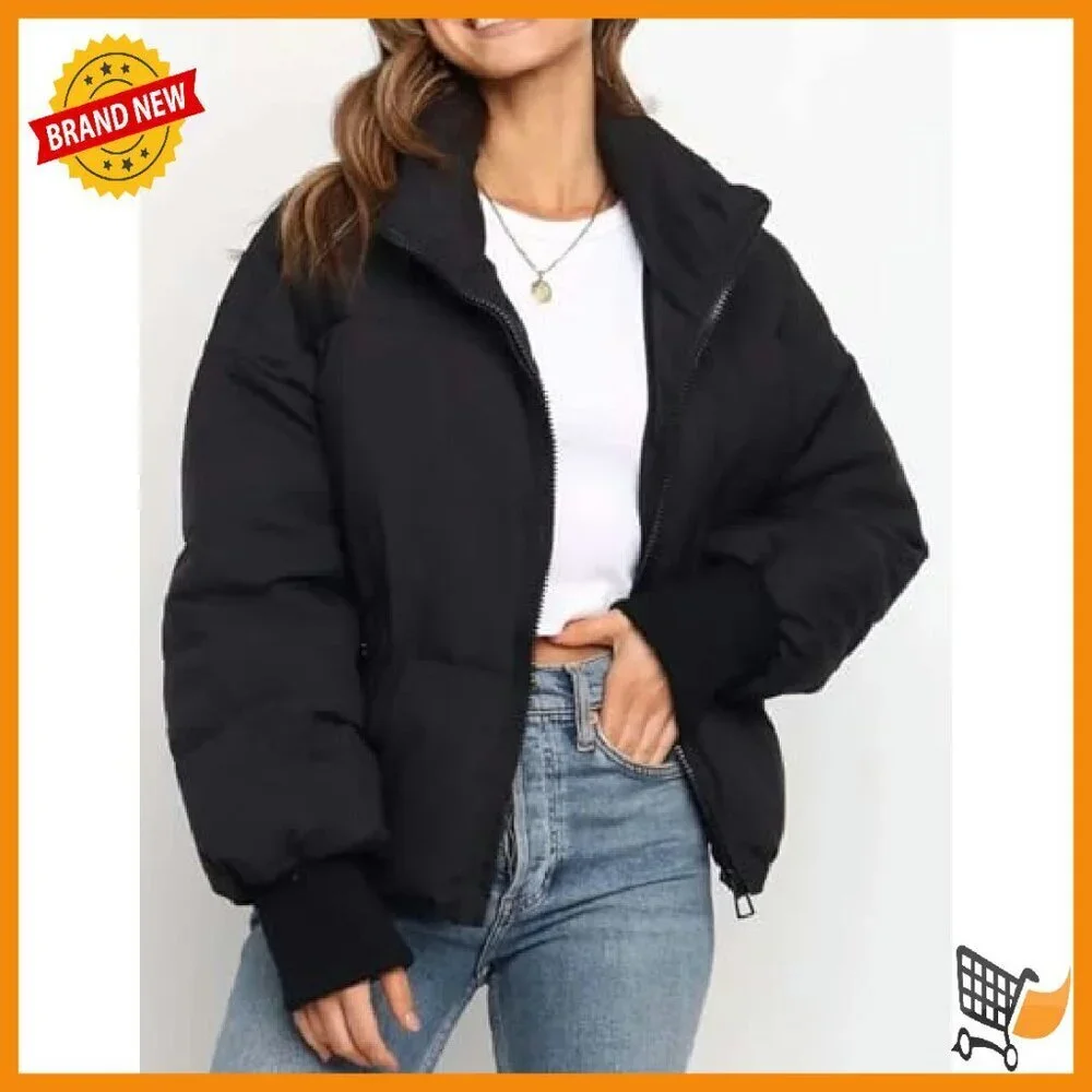 Women's Cropped Puffer Jacket Quilted Winter Coat Stand Collar Zippered Pockets